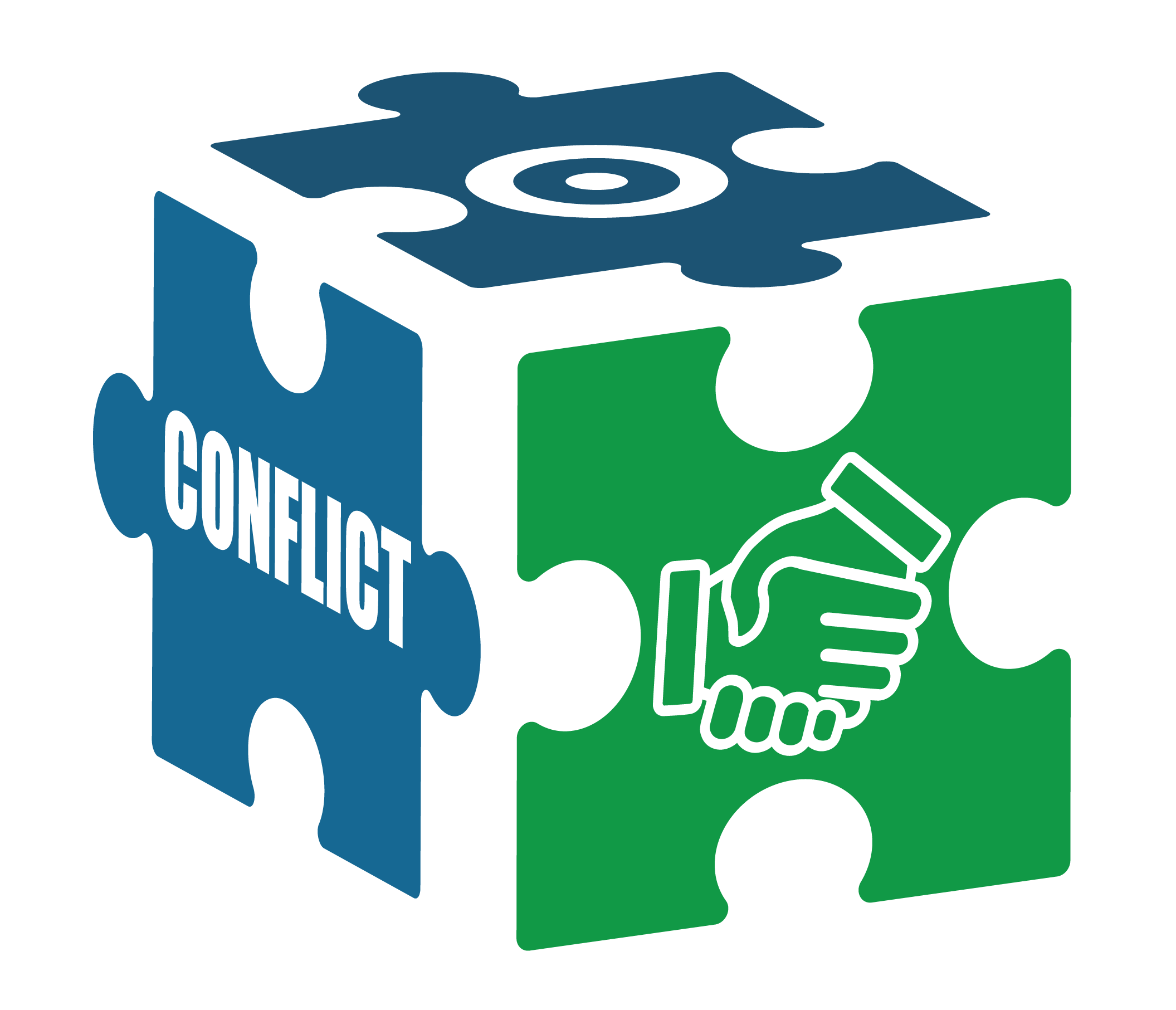 A cube showing three sides with puzzle pieces on each side.